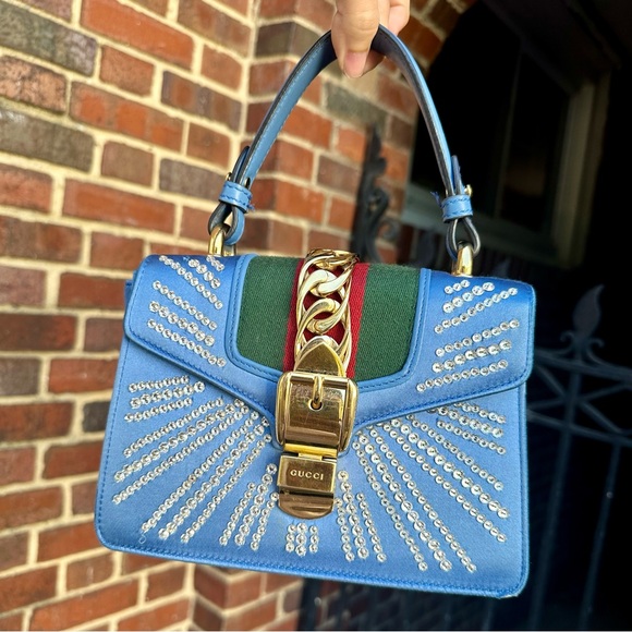 Gucci Sylvie Crystal Blue Top Handle Satchel Bag Removable Rope Crossbody Mini - Picture 1 of 17